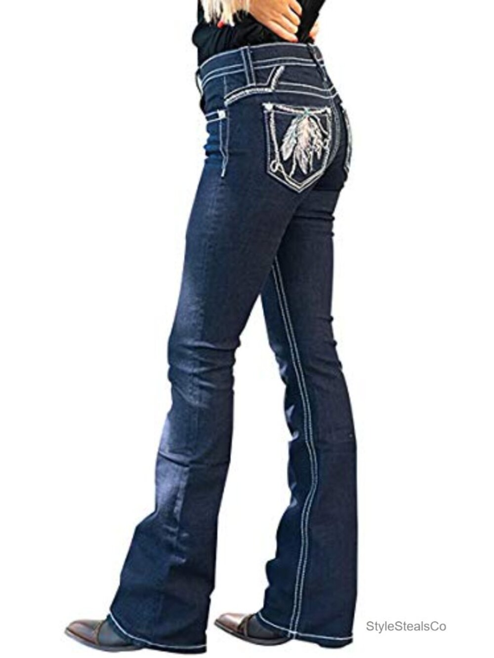 Women's High Rise Feather Embroidery Bootcut Jeans Stretch Denim Pants
